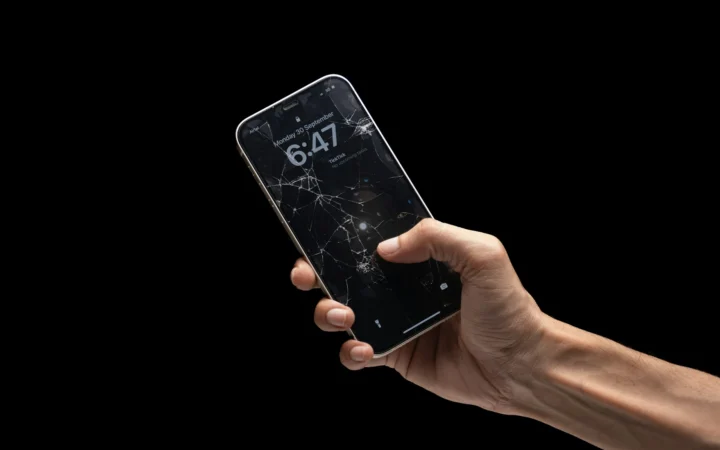 Cracked smartphone screen, a stand-in for the iPhone Duo durability test