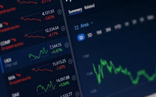 Red stock market screen showing falling prices as the rupiah weakens