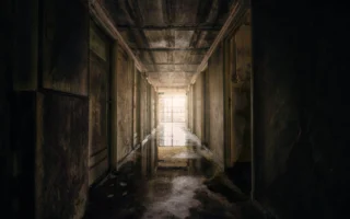 Dark fog-filled corridor evoking the unsettling mood of Scott Walker The Drift