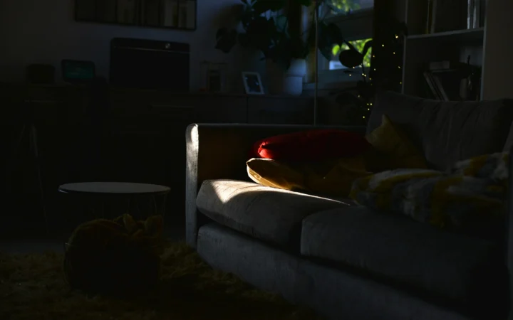 Cozy couch and Christmas lights for a holiday movie night