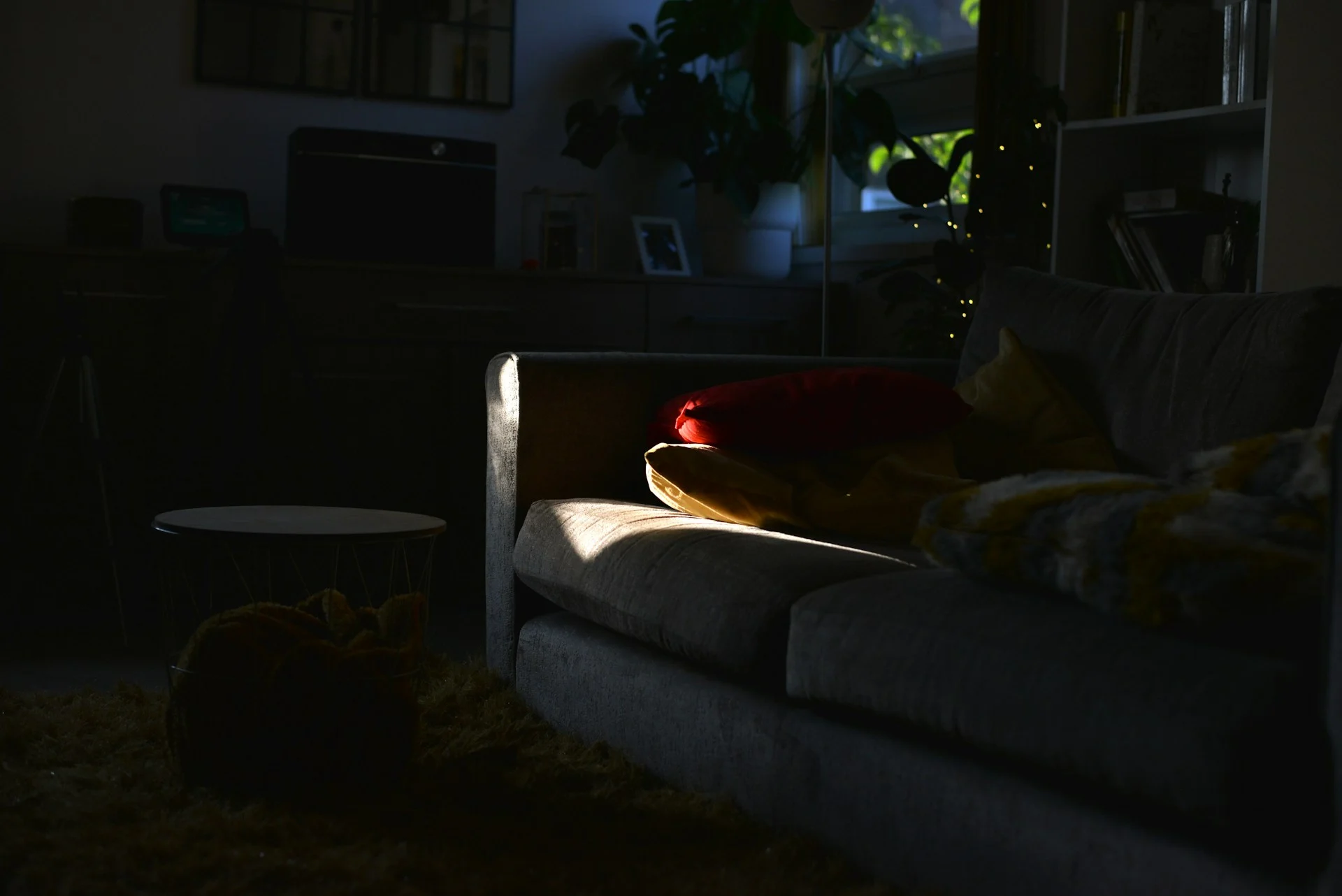 Cozy couch and Christmas lights for a holiday movie night